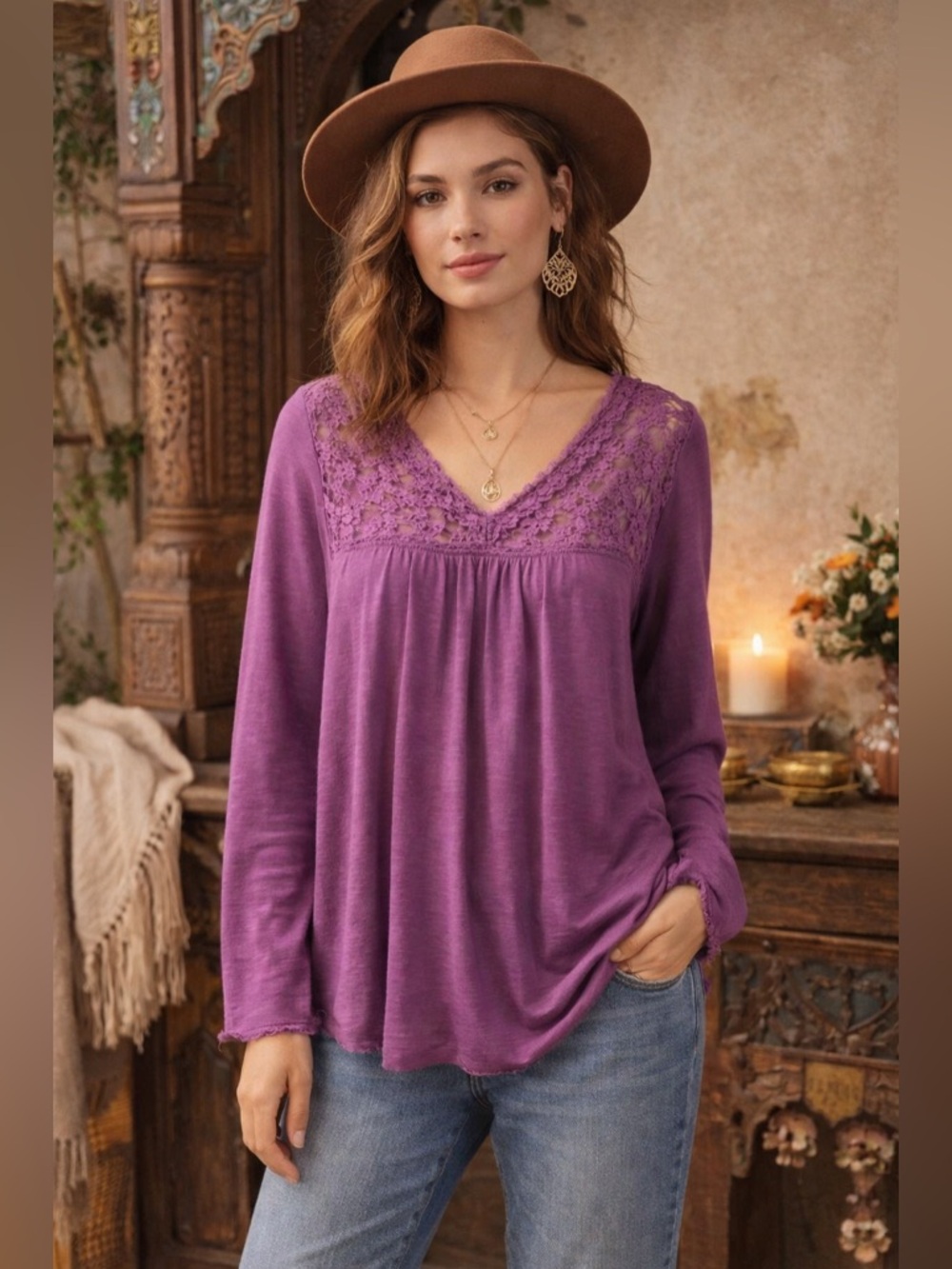 Knox Rose Purple Lace Boho Blouse Size XS Long Sleeve Floral Crochet Top Flowy